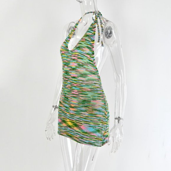 NEW KNIT HALTER DYE BACKLESS SUMMER BEACH MINI PARTY COVER UP DRESS SIZE M - Picture 4 of 8